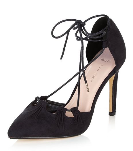 Wide Fit Black Suedette Pointed Ghillie Heels | New Look