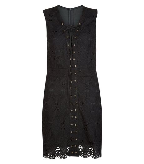 Anita and Green Black Suedette Lace Up Front Scallop Hem Dress | New Look