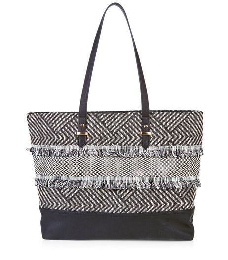 Black Textured Fray Trim Shopper Bag | New Look