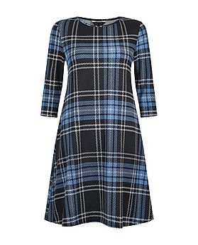 Blue Check 3/4 Sleeve Swing Dress  | New Look