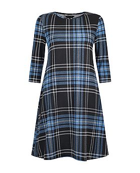 Blue Check 3/4 Sleeve Swing Dress | New Look