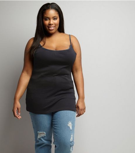 Curves Black Scoop Neck Shoestring Vest | New Look