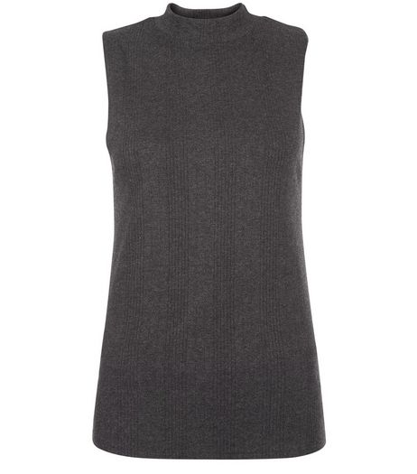 Dark Grey Ribbed Funnel Neck Sleeveless Top | New Look