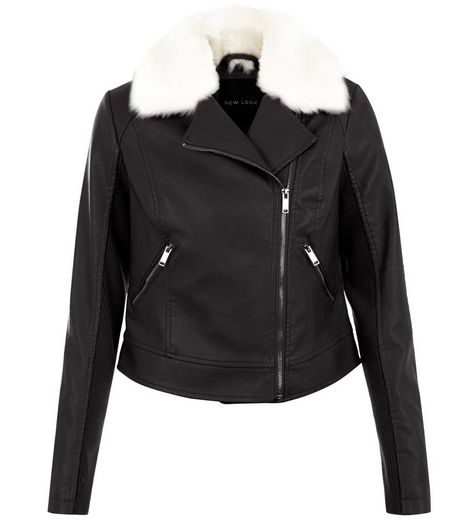 Black Faux Fur Trim Leather-Look Jacket | New Look