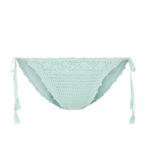 Mint Green Crochet Tie Side Bikini Bottoms | New Look
