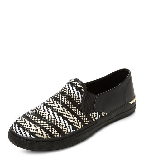 Black Woven Aztec Slip On Plimsolls | New Look