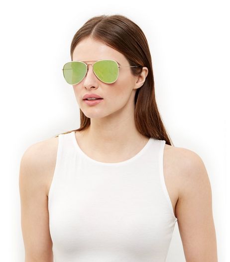 Gold Mirrored Double Bar Pilot Sunglasses | New Look