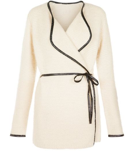 Blue Vanilla Cream Leather-Look Trim Knitted Cardigan | New Look