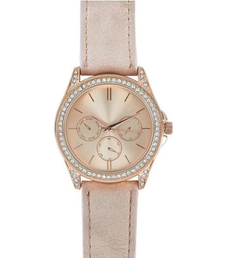Rose Gold Embellished Leather-Look Strap Sports Watch | New Look