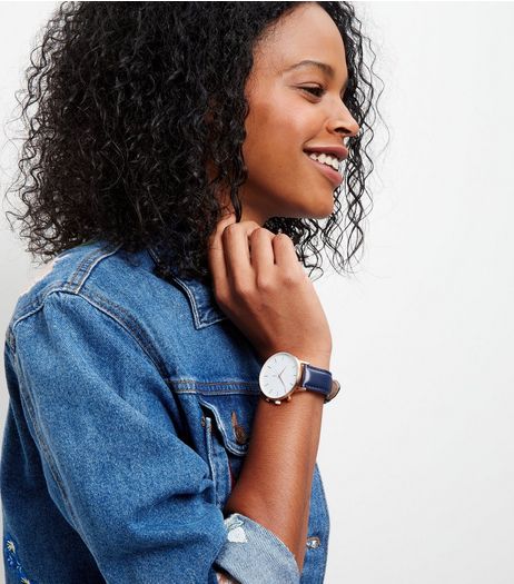 Navy Leather Strap Oversized Watch | New Look
