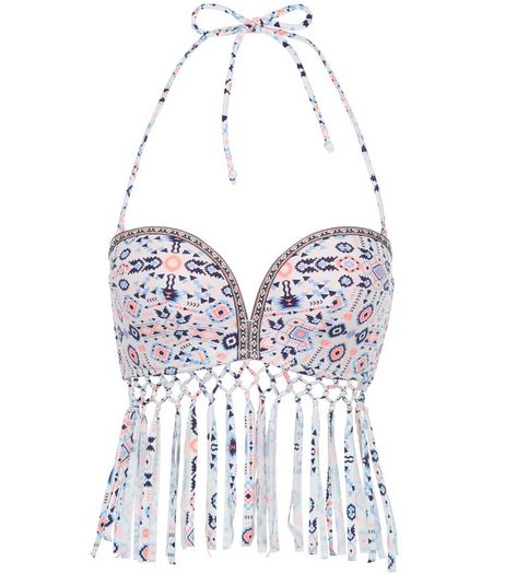 White Abstract Print Fringed Extreme Push Up Bikini Top | New Look