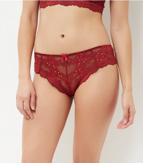 Dark Red Daisy Lace Thong | New Look