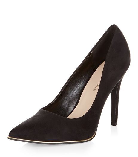 Wide Fit Black Suedette Metal Trim Pointed Heels | New Look