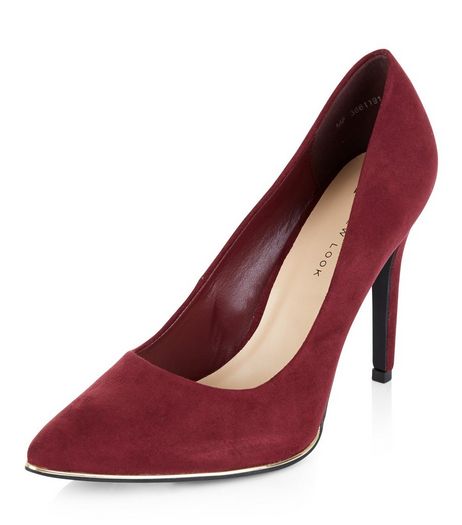 Wide Fit Dark Red Suedette Metal Trim Pointed Heels | New Look