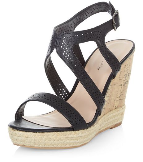 Black Laser Cut Out Strappy Wedge Sandals | New Look