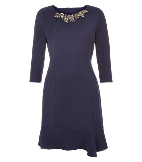 Jumpo Navy Embellished Neck Peplum Dress | New Look