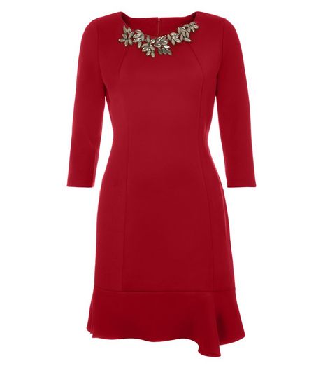 Jumpo Burgundy Embellished Neck Peplum Dress | New Look