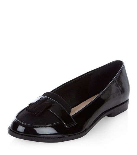 Black Patent Tassel Front Loafers | New Look