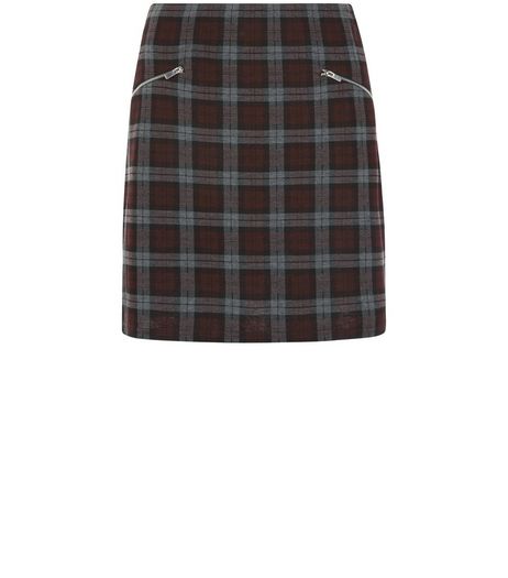 Red Check Double Zip A-Line Skirt | New Look