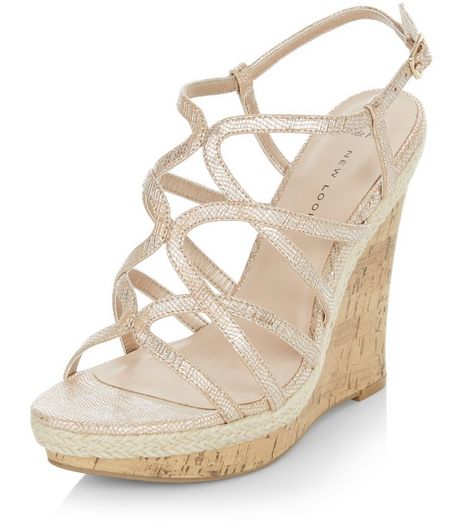 Wide Fit Gold Multi Strap Wedges | New Look