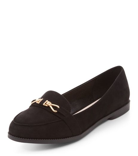 Wide Fit Black Comfort Suedette Metal Trim Loafers | New Look