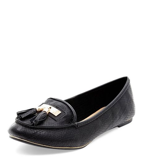 Black Textured Tassel Front Loafers | New Look
