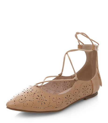 Wide Fit Camel Laser Cut Out Pointed Ghillie Pumps | New Look
