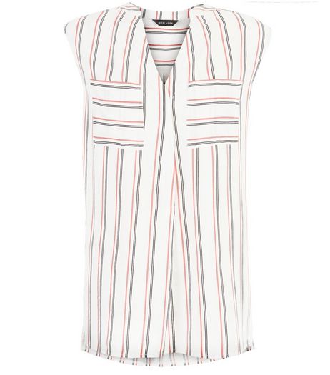 White Stripe Double Pocket Grandad Collar Sleeveless Shirt | New Look