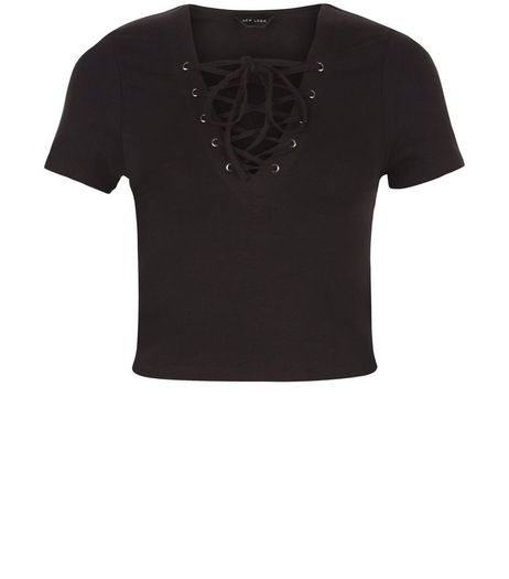 Black Lace Up Ribbed Crop Top | New Look