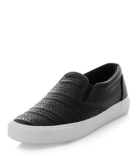 Teens Black Laser Cut Out Slip On Plimsolls | New Look