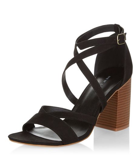 Black Suedette Cross Strap Block Heel Sandals | New Look