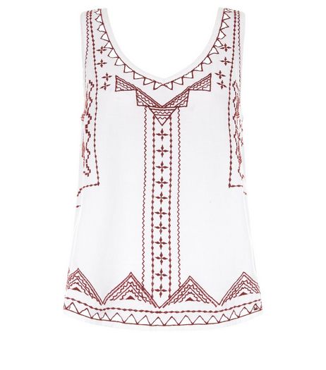 White Embroidered V Neck Sleeveless Top | New Look