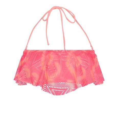 Pink Tie Dye Crochet Flounce Bikini Top | New Look