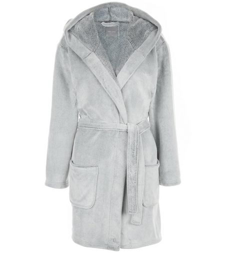 Grey Fluffly Hooded Dressing Gown | New Look