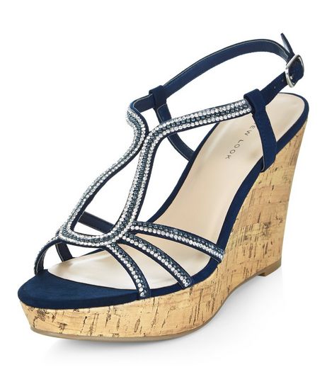Navy Suedette Diamante Embellished Wedges | New Look