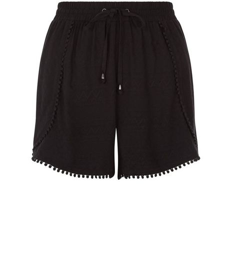 Black Embroidered Pom Pom Trim Shorts | New Look