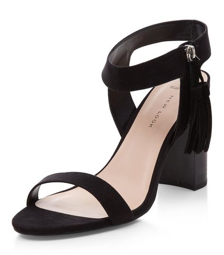 Wide Fit Black Tassel Side Ankle Strap Block Heels | New Look