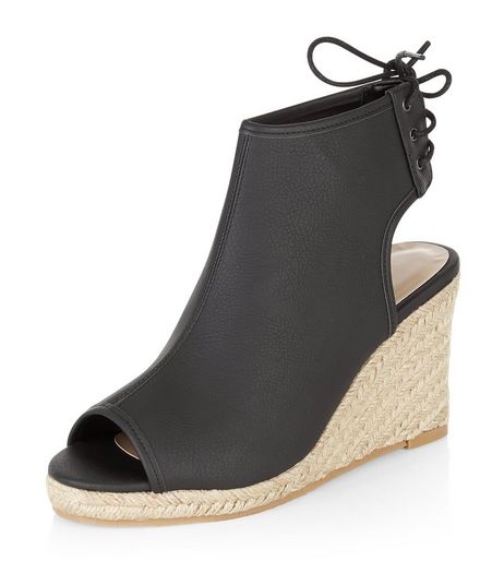 Black Leather-Look Peep Toe Espadrille Wedges | New Look