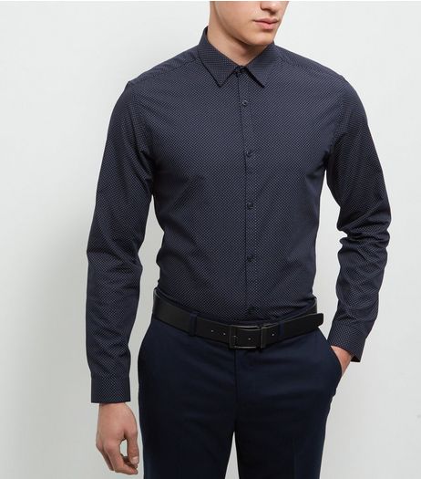 Navy Pin Dot Print Long Sleeve Shirt | New Look