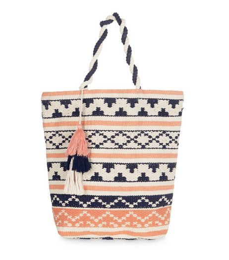 Coral Stripe Tassel Shopper Bag | New Look