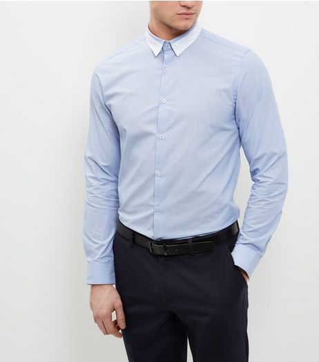 Blue Stripe Colour Block Collar Long Sleeve Shirt | New Look