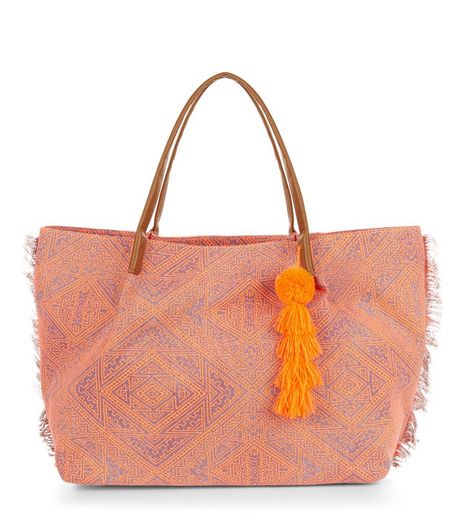 Coral Abstract Print Fringed Shopper Bag | New Look