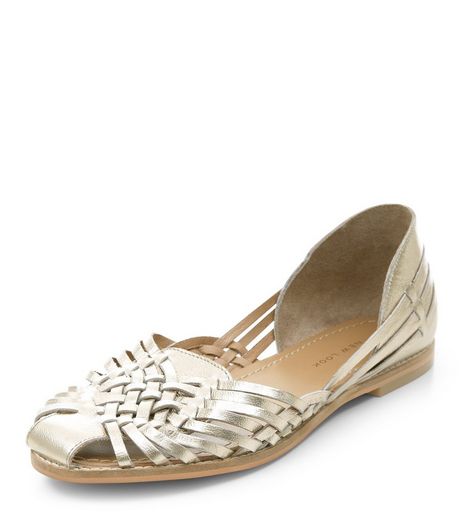 Gold Leather Woven Sandals | New Look