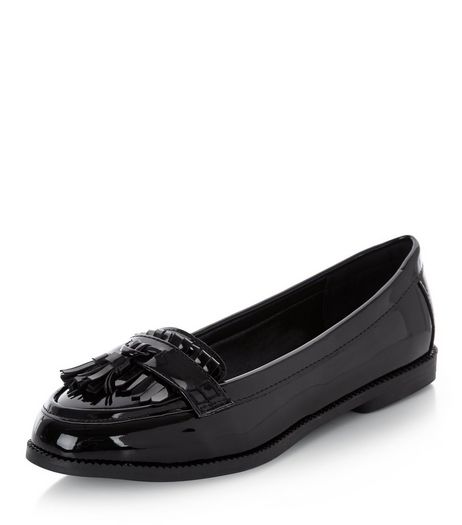 Black Patent Fringe Loafers | New Look