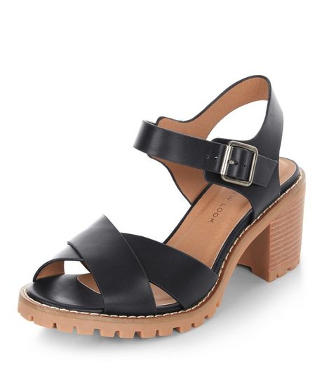 Wide Fit Black Cross Strap Heeled Sandals | New Look