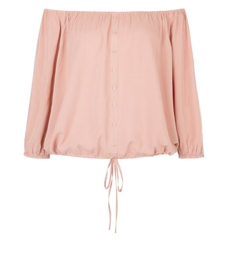 Mid Pink Button Front Bardot Neck Top | New Look