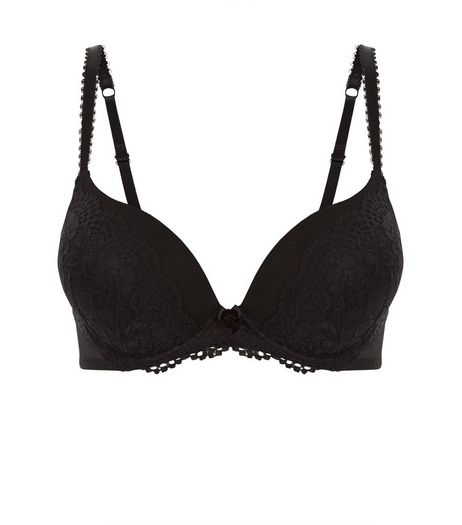 Black Lace Plunge Scallop Hem Bra | New Look