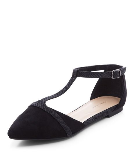 Black T-Bar Strap Pointed Pumps | New Look