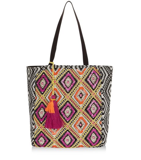 Multicoloured Diamond Print Tassel Shopper Bag | New Look