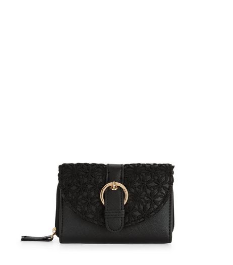 Black Crochet Curve Flap Purse | New Look